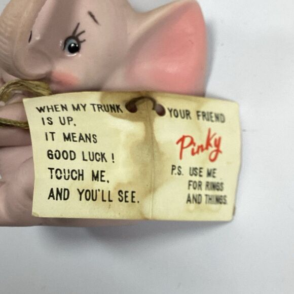 Vtg Papel Japan Pink Elephant Figure Ceramic With Tag Pinky Says Rings Luck - Picture 10 of 11
